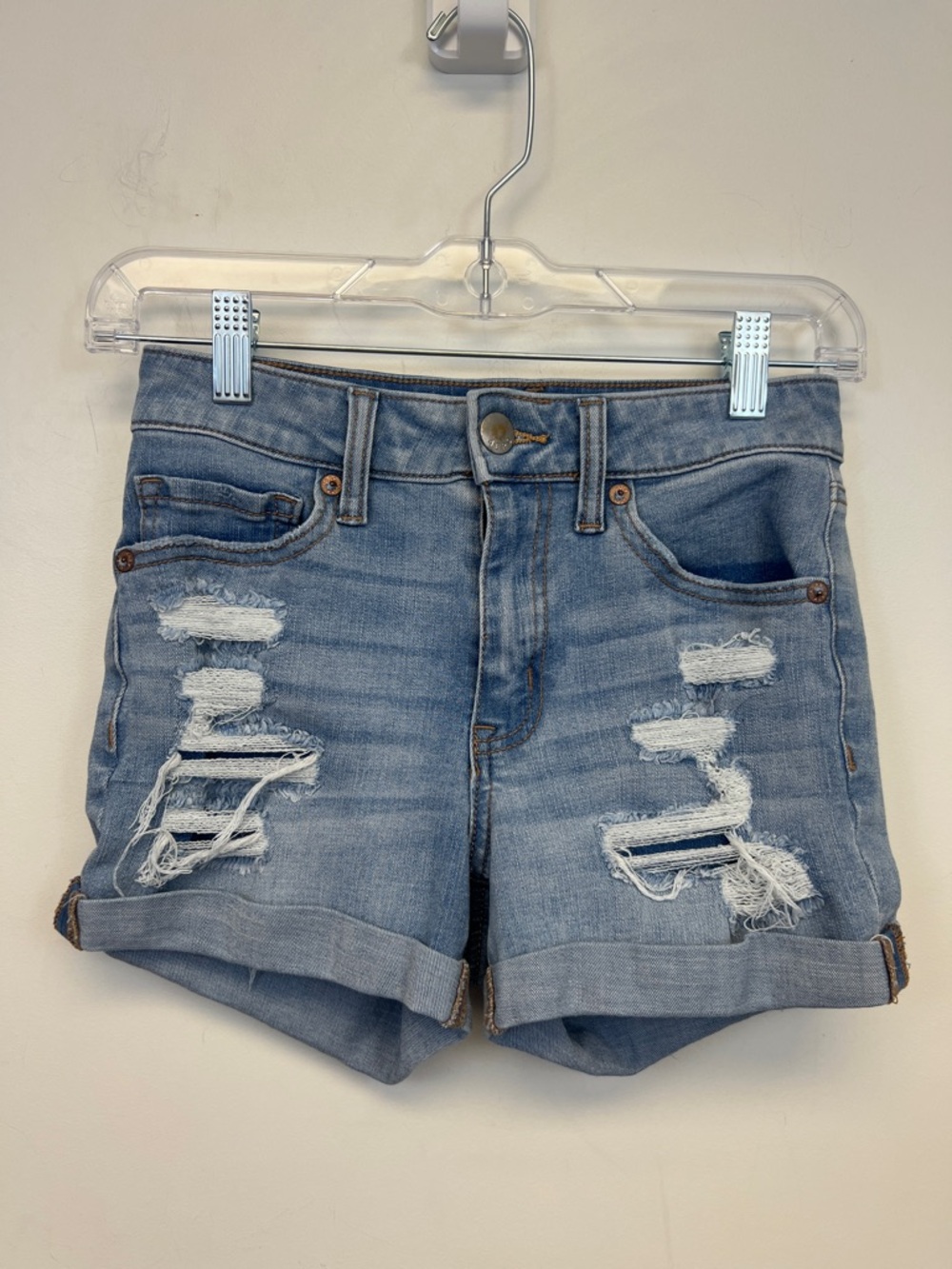 Aero Women’s High Rise Midi Women's Distressed Jean shorts - Light Blue Size 2